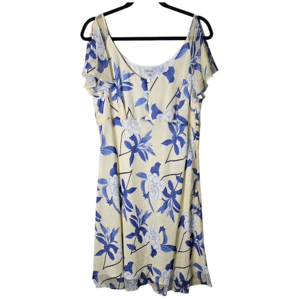 VTG J. Peterman 14 Silk Dress Yellow Blue Floral Flutter‎ Sleeve Button Cottage